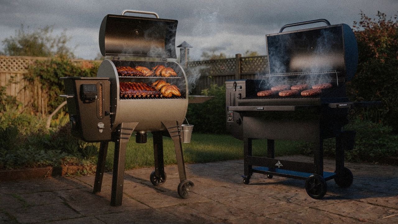 Camp Chef Woodwind Pro beside GMG Peak Prime 2.0, official product photography on a dark steel panel