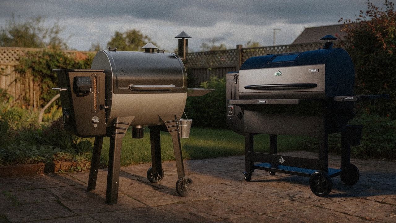 Camp Chef Woodwind Pro beside GMG Peak Prime 2.0, official product photography on a dark steel panel