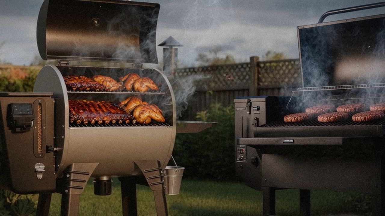 Camp Chef Woodwind Pro beside GMG Peak Prime 2.0, official product photography on a dark steel panel