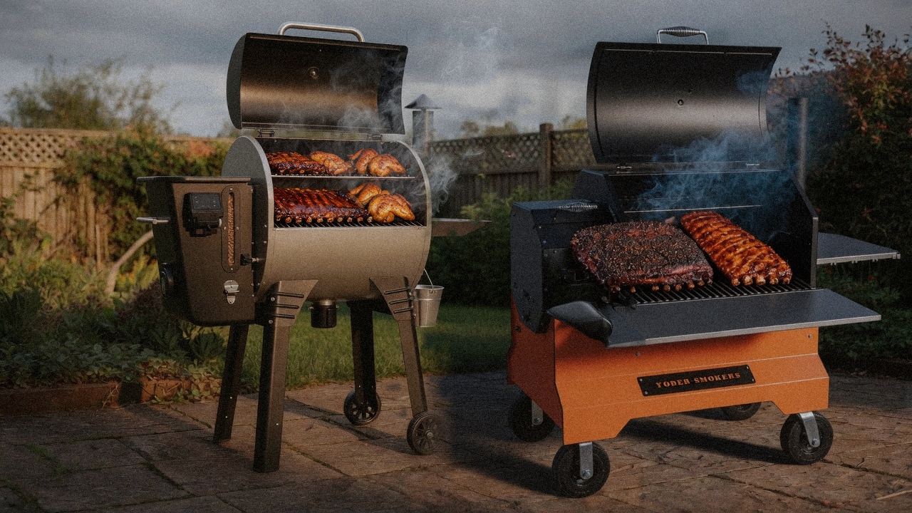 Camp Chef Woodwind Pro beside Yoder YS640s, official product photography on a dark steel panel