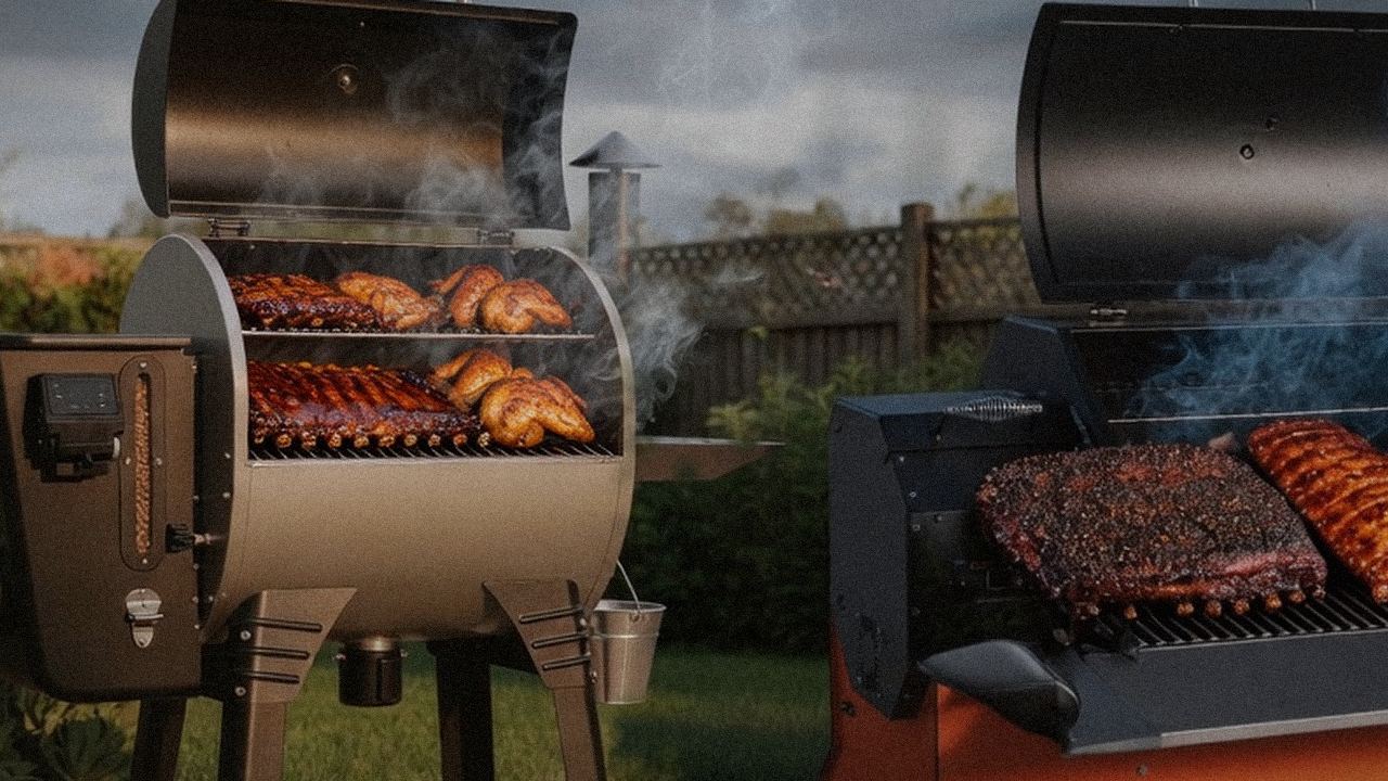 Camp Chef Woodwind Pro beside Yoder YS640s, official product photography on a dark steel panel