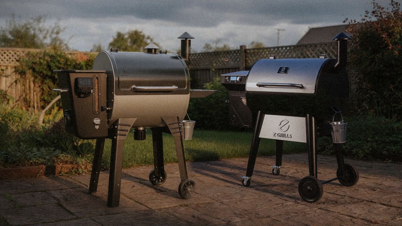 Camp Chef Woodwind Pro beside Z Grills 700 Series, official product photography on a dark steel panel