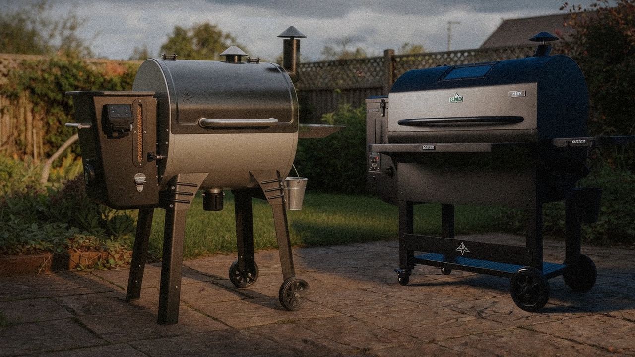 Camp Chef Woodwind WiFi 24 standing next to Green Mountain Grills Peak, showing the size and price-tier gap