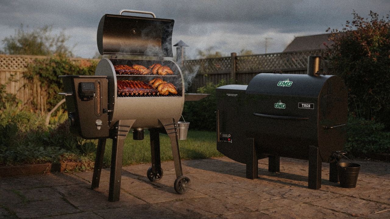 Camp Chef Woodwind WiFi 24 cooking next to Green Mountain Grills Trek, wood pellet grills on the same patio