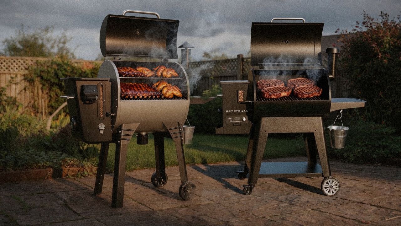 Camp Chef Woodwind WiFi 24 cooking next to Pit Boss Navigator 850, wood pellet grills on the same patio