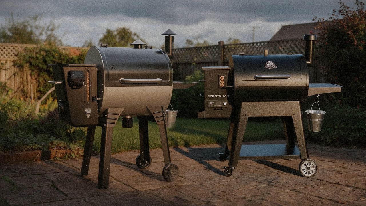Camp Chef Woodwind WiFi 24 beside Pit Boss Sportsman, editorial product photography