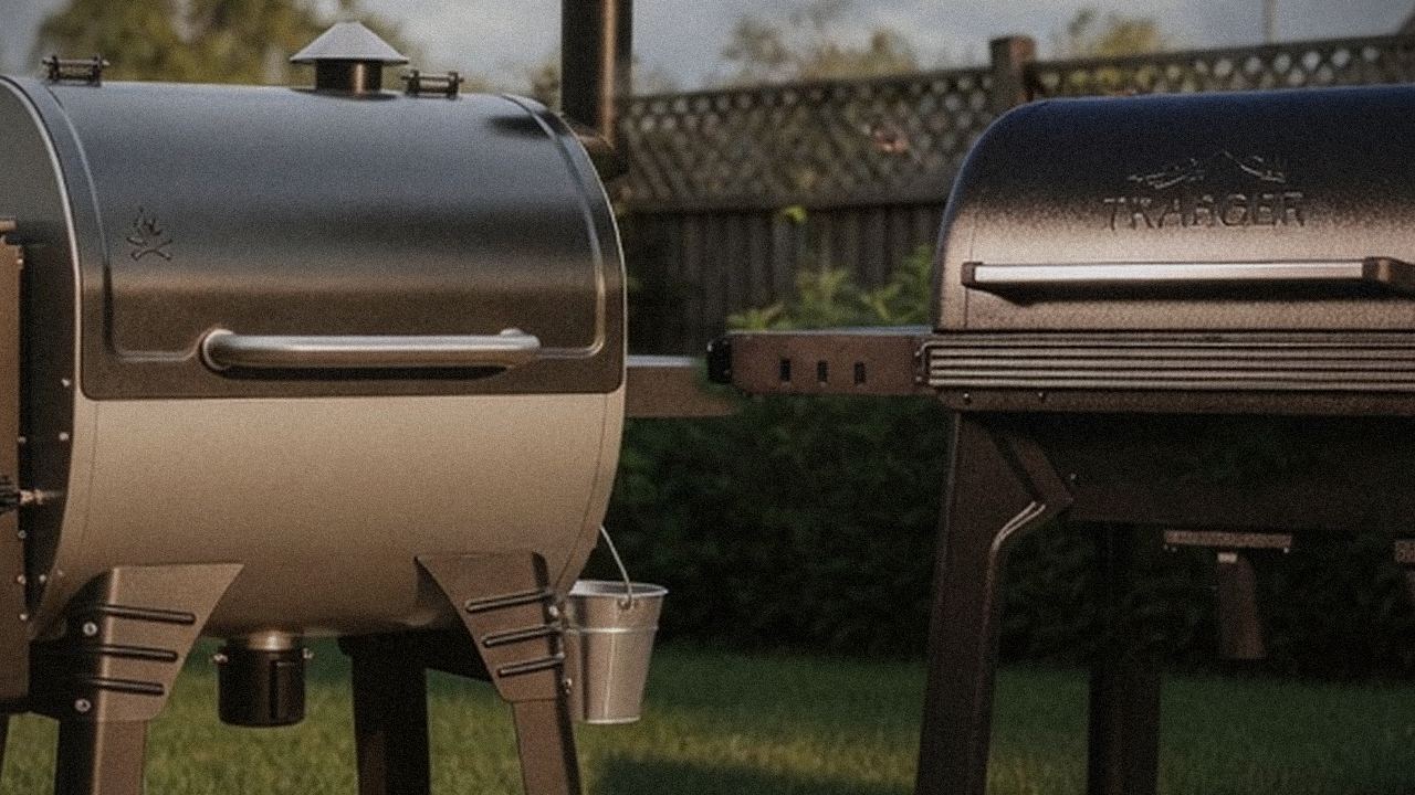 Camp Chef Woodwind WiFi 24 and Traeger Ironwood starting up, controllers lit