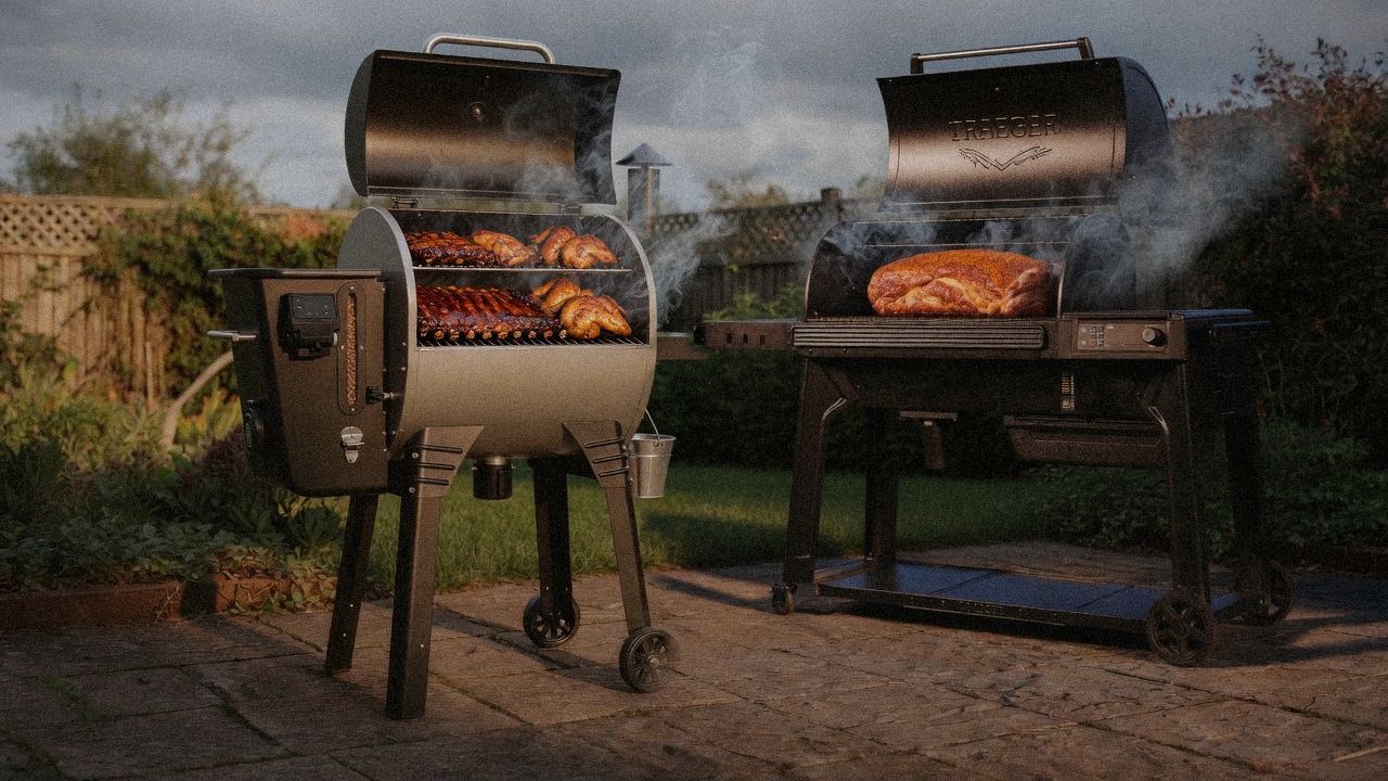Camp Chef Woodwind WiFi 24 cooking next to Traeger Pro 780, wood pellet grills on the same patio