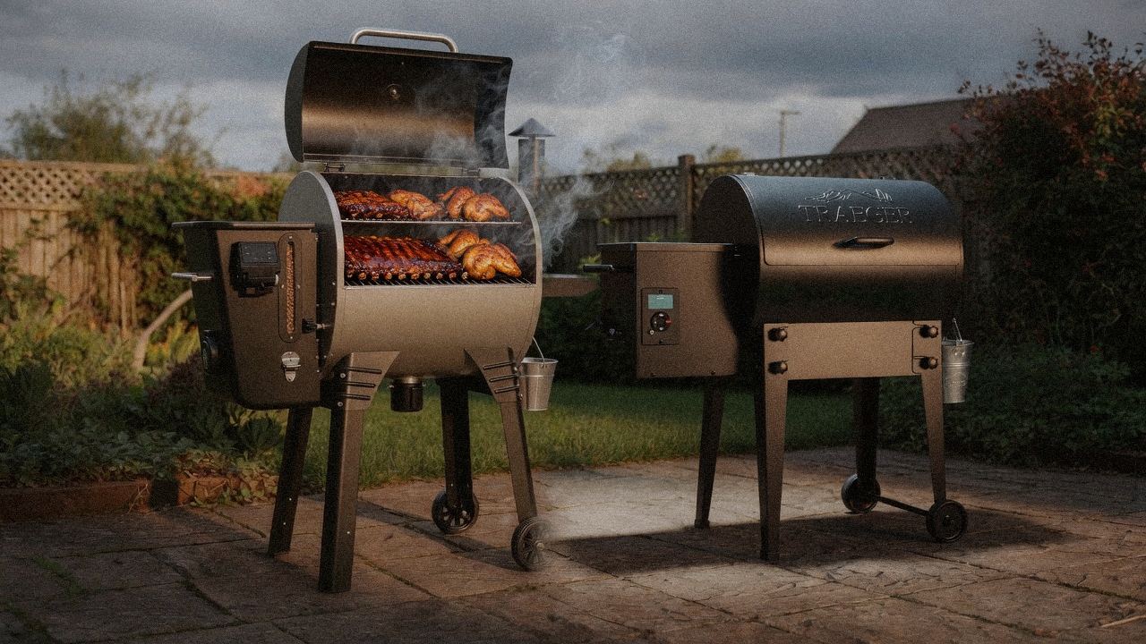Camp Chef Woodwind WiFi 24 cooking next to Traeger Tailgater 20, wood pellet grills on the same patio