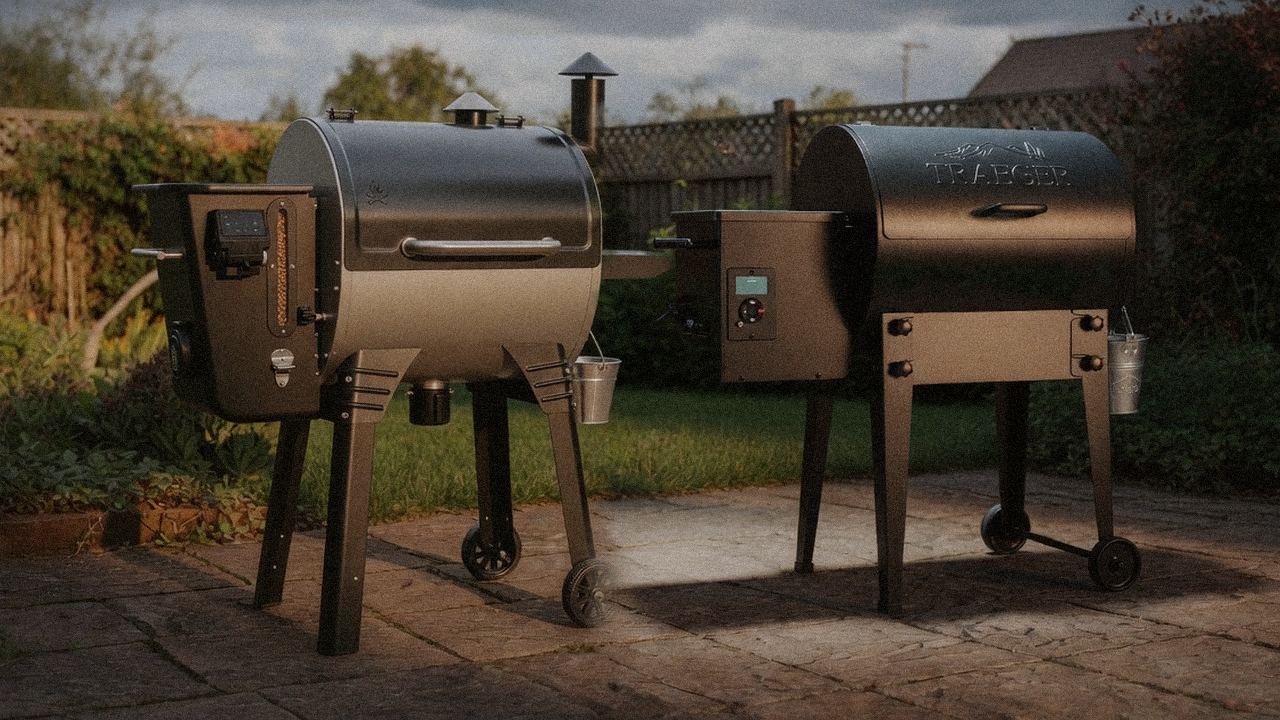 Camp Chef Woodwind WiFi 24 standing next to Traeger Tailgater 20, showing the size and price-tier gap