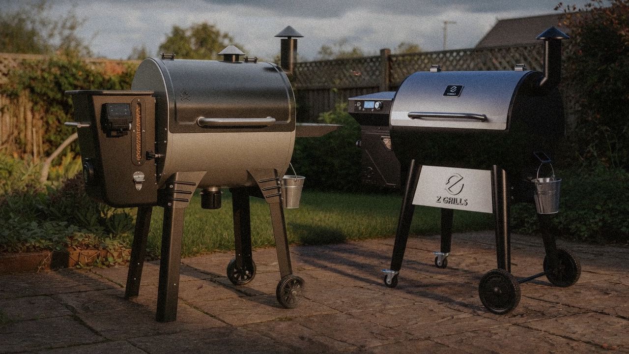 Camp Chef Woodwind WiFi 24 standing next to Z Grills 700 Series (ZPG-7002), showing the size and price-tier gap