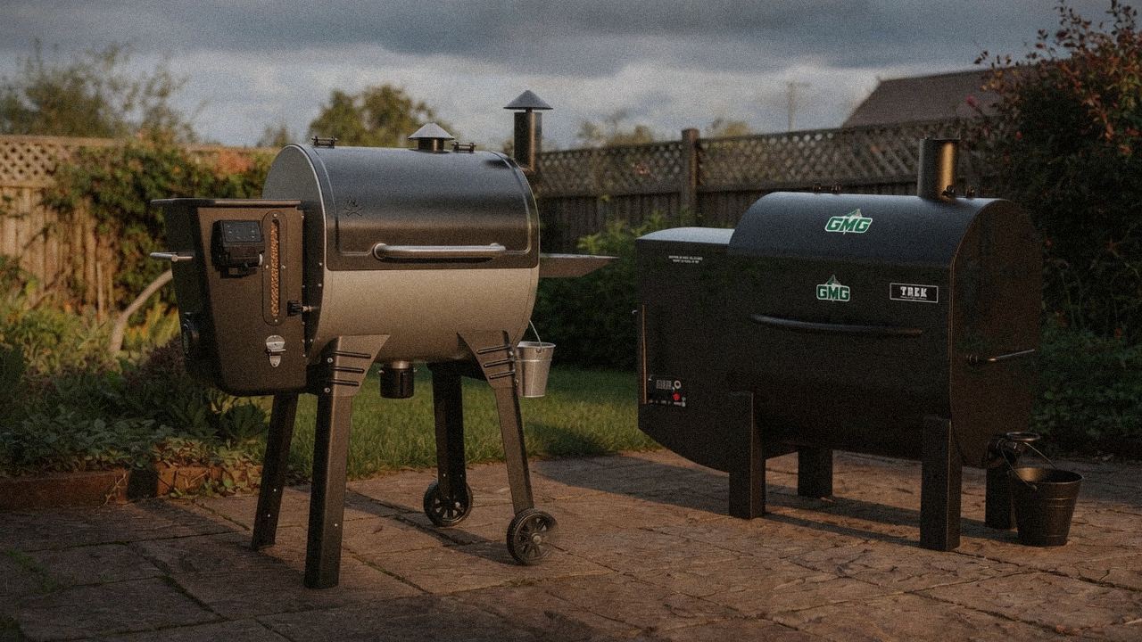 Camp Chef Woodwind Pro WiFi 24 beside Green Mountain Grills Trek, editorial product photography