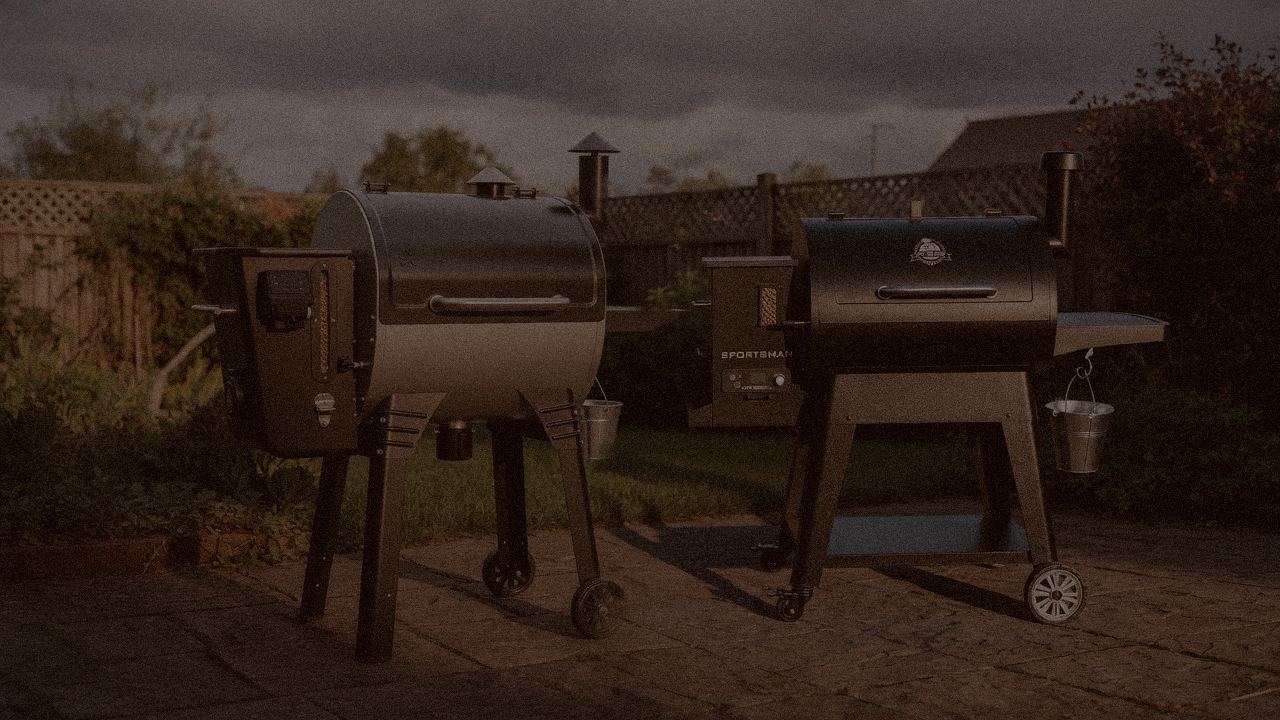Camp Chef Woodwind Pro WiFi 24 and Pit Boss Navigator 850 at night with smoke, wood pellet grills on a dark patio