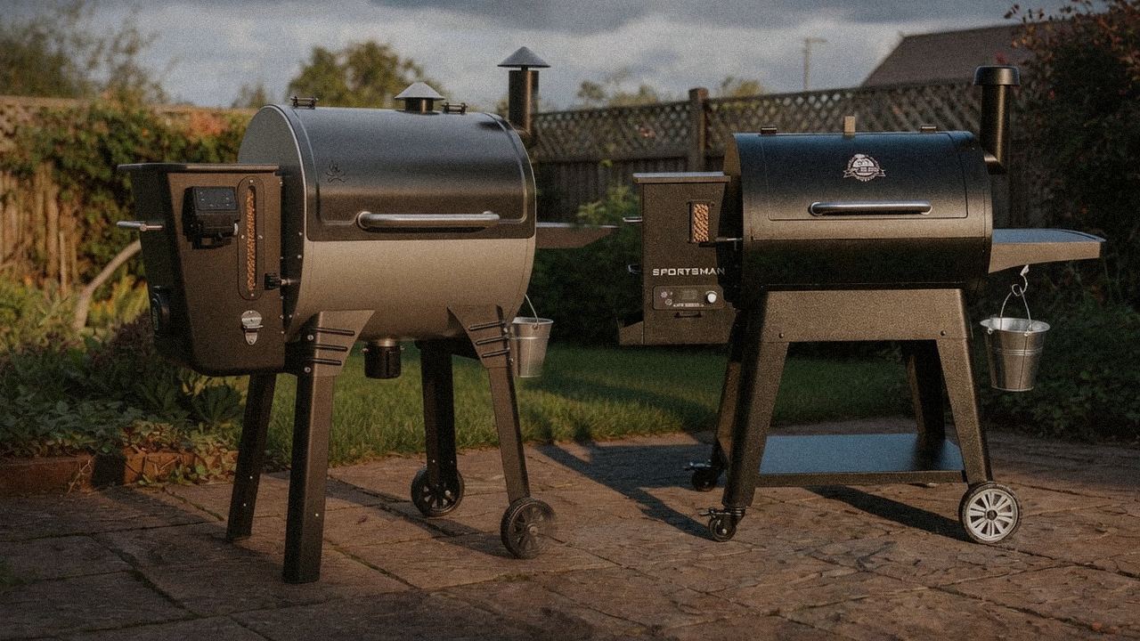 Camp Chef Woodwind Pro WiFi 24 standing next to Pit Boss Sportsman, showing the size and price-tier gap