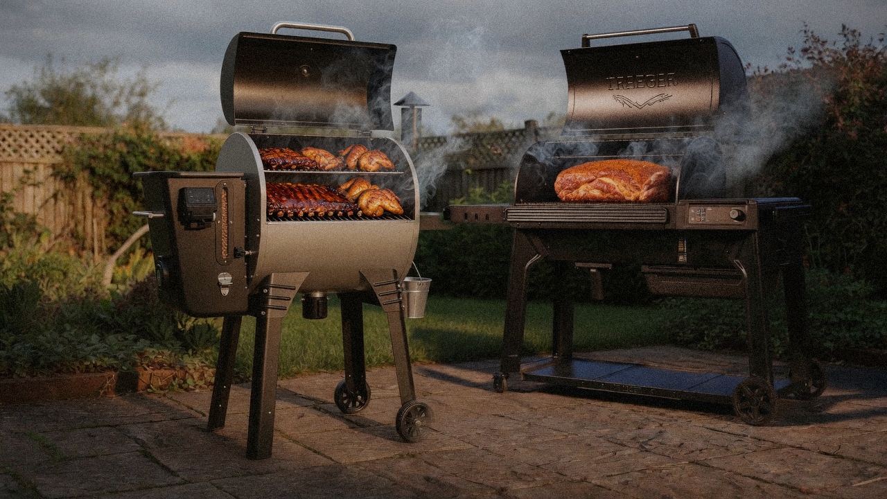 Camp Chef Woodwind Pro WiFi 24 cooking next to Traeger Timberline, wood pellet grills on the same patio