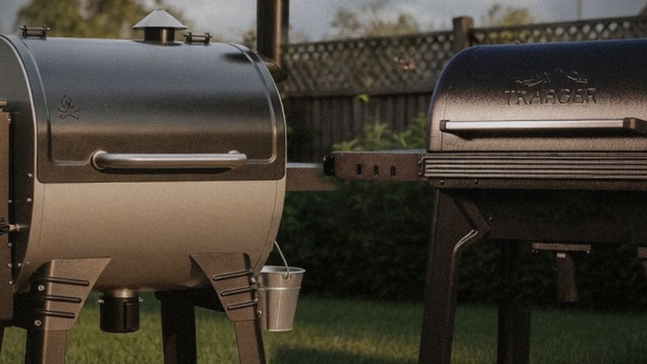 Camp Chef Woodwind Pro WiFi 24 and Traeger Woodridge Pro starting up, controllers lit