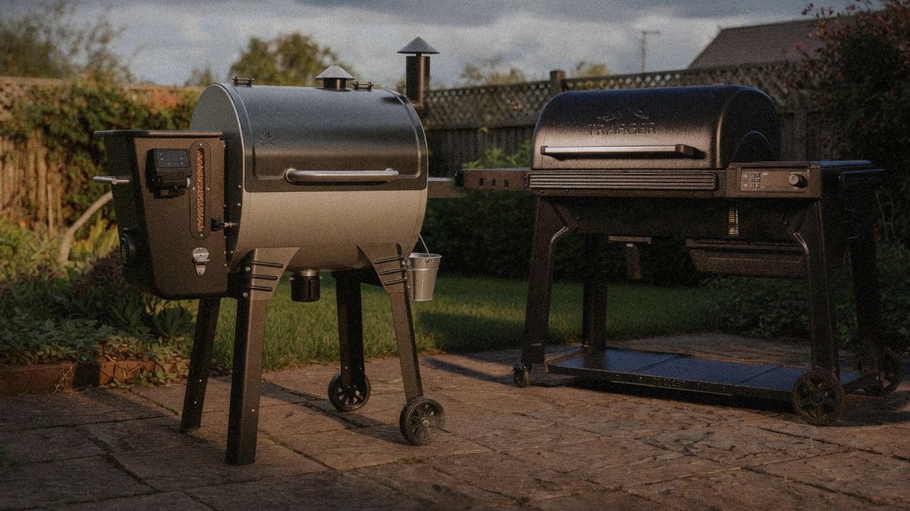 Camp Chef Woodwind Pro WiFi 24 standing next to Traeger Woodridge Pro, showing the size and price-tier gap