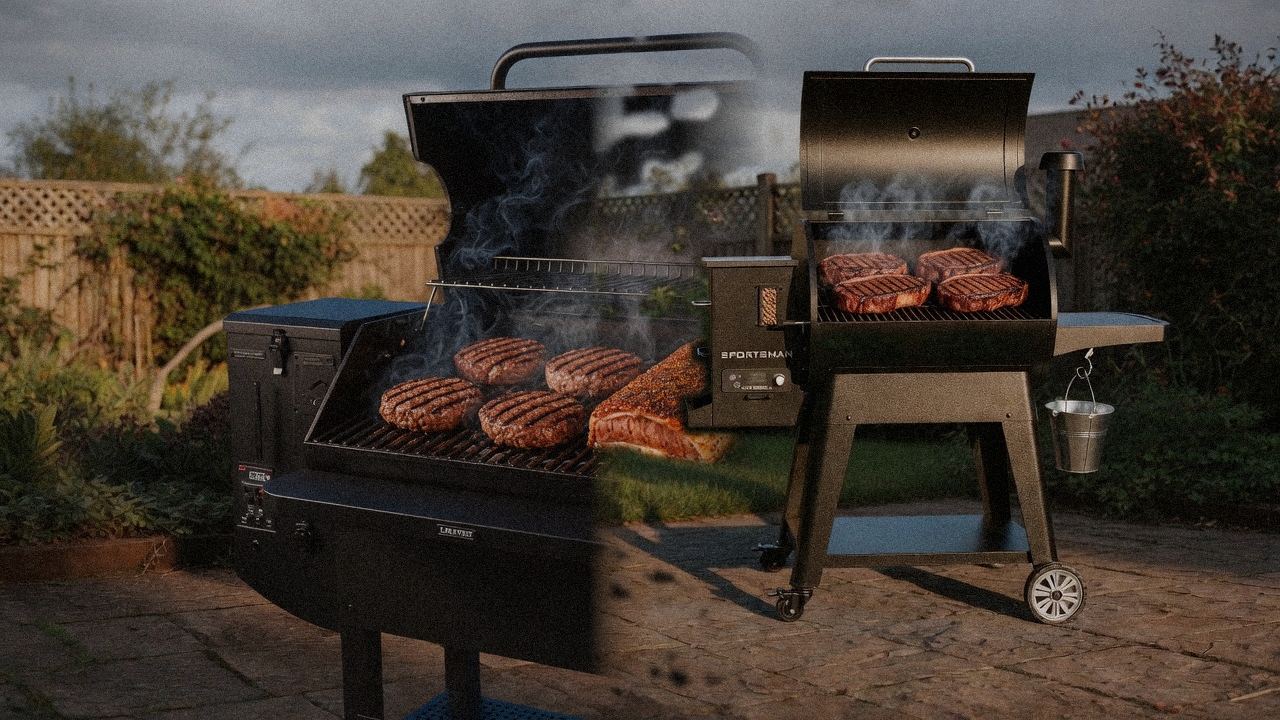 Green Mountain Grills Peak cooking next to Pit Boss Sportsman, wood pellet grills on the same patio