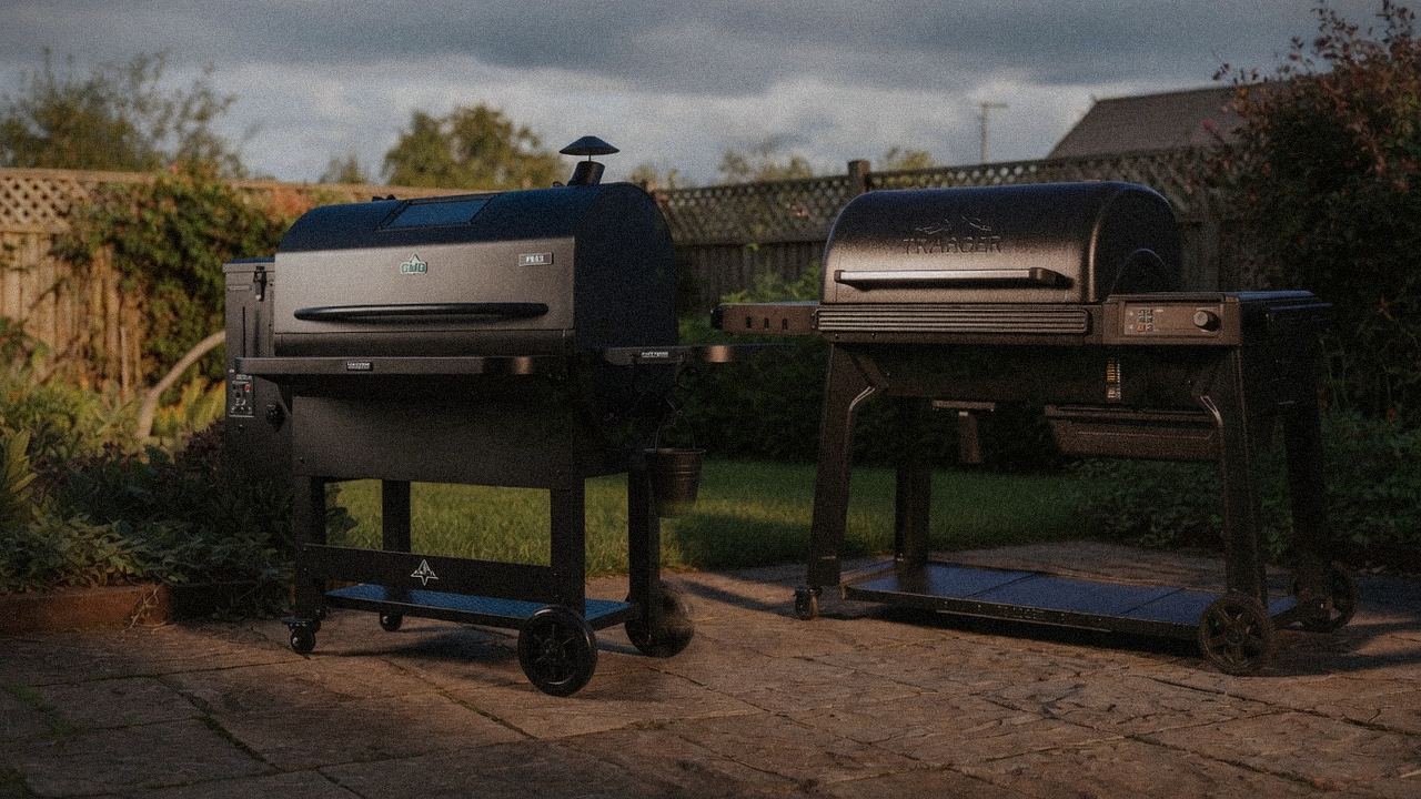 Green Mountain Grills Peak beside Traeger Pro 780, editorial product photography