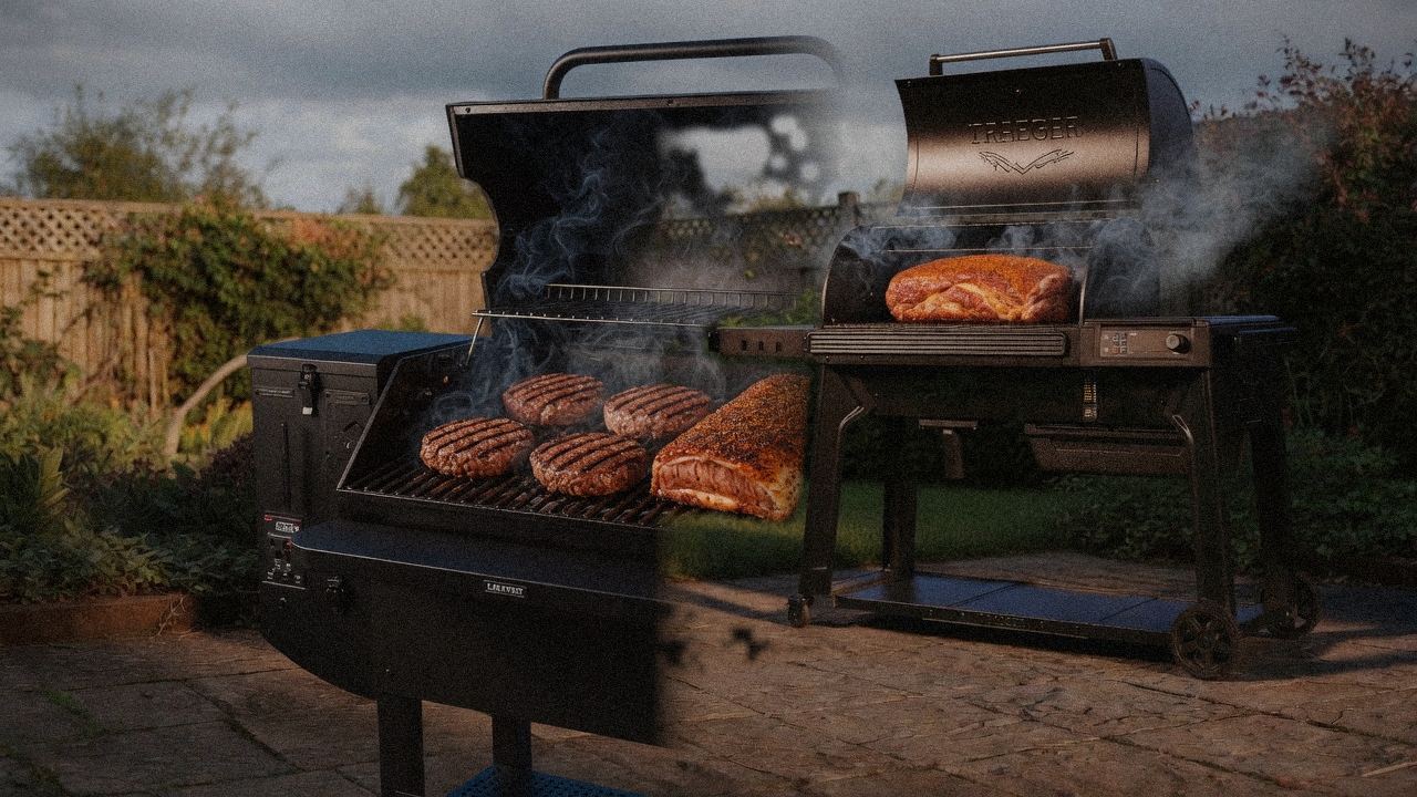 Green Mountain Grills Peak cooking next to Traeger Woodridge Pro, wood pellet grills on the same patio