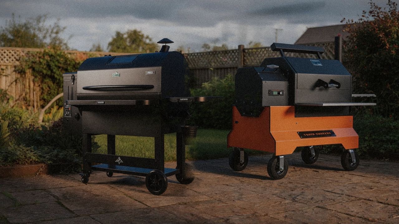 Green Mountain Grills Peak beside Yoder Smokers YS640s, editorial product photography
