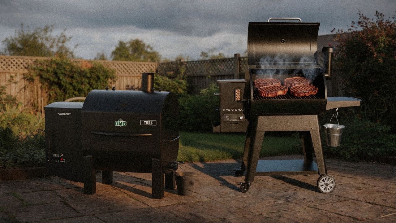 Green Mountain Grills Trek cooking next to Pit Boss Navigator 850, wood pellet grills on the same patio