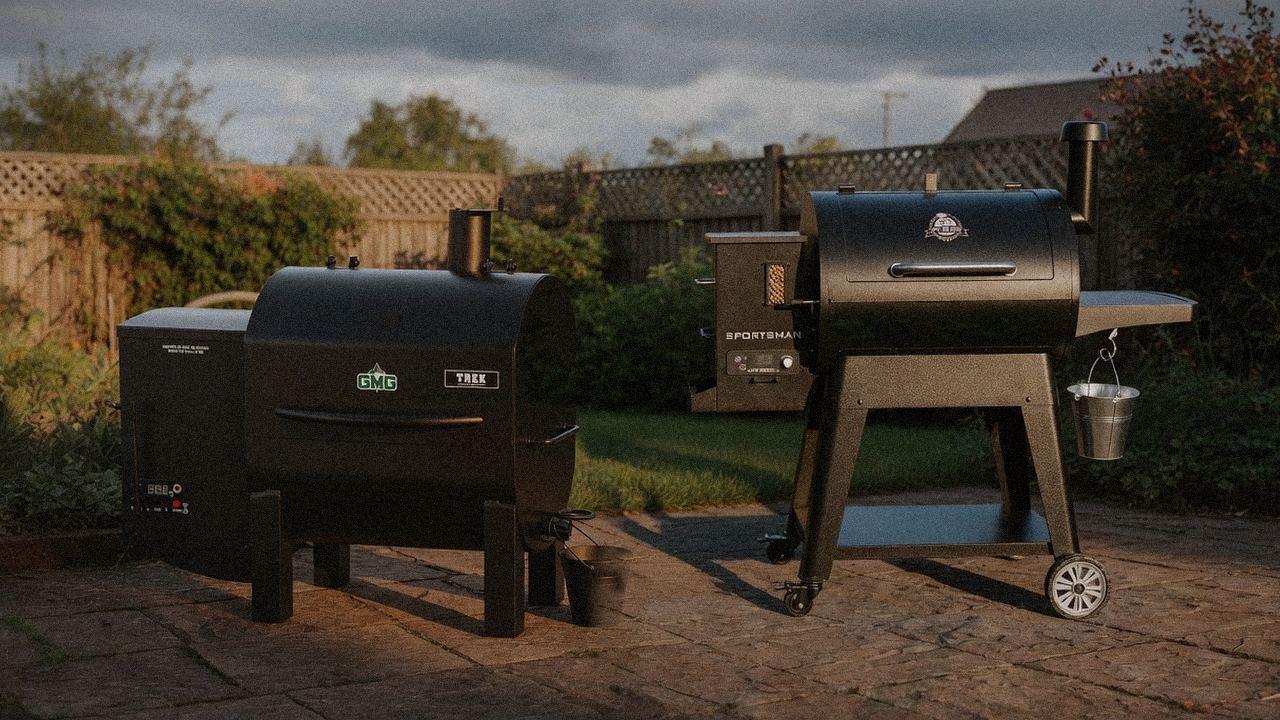 Green Mountain Grills Trek beside Pit Boss Sportsman, editorial product photography