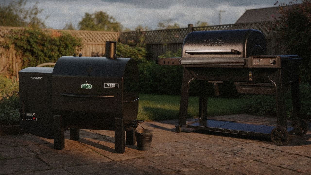 Green Mountain Grills Trek standing next to Traeger Pro 780, showing the size and price-tier gap
