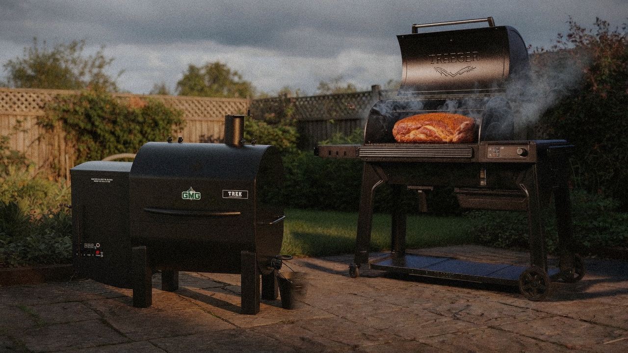 Green Mountain Grills Trek cooking next to Traeger Woodridge Pro, wood pellet grills on the same patio