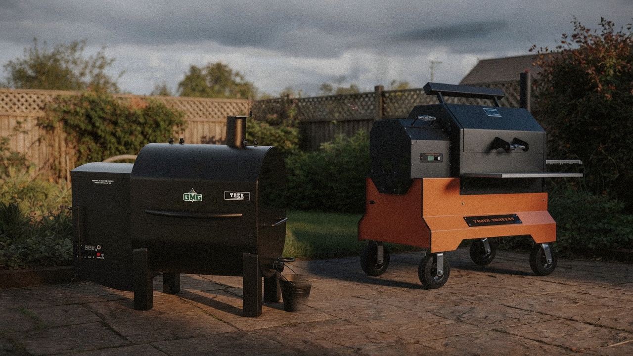Morning patio with the Green Mountain Grills Trek and the Yoder Smokers YS640s, unboxing-day mood