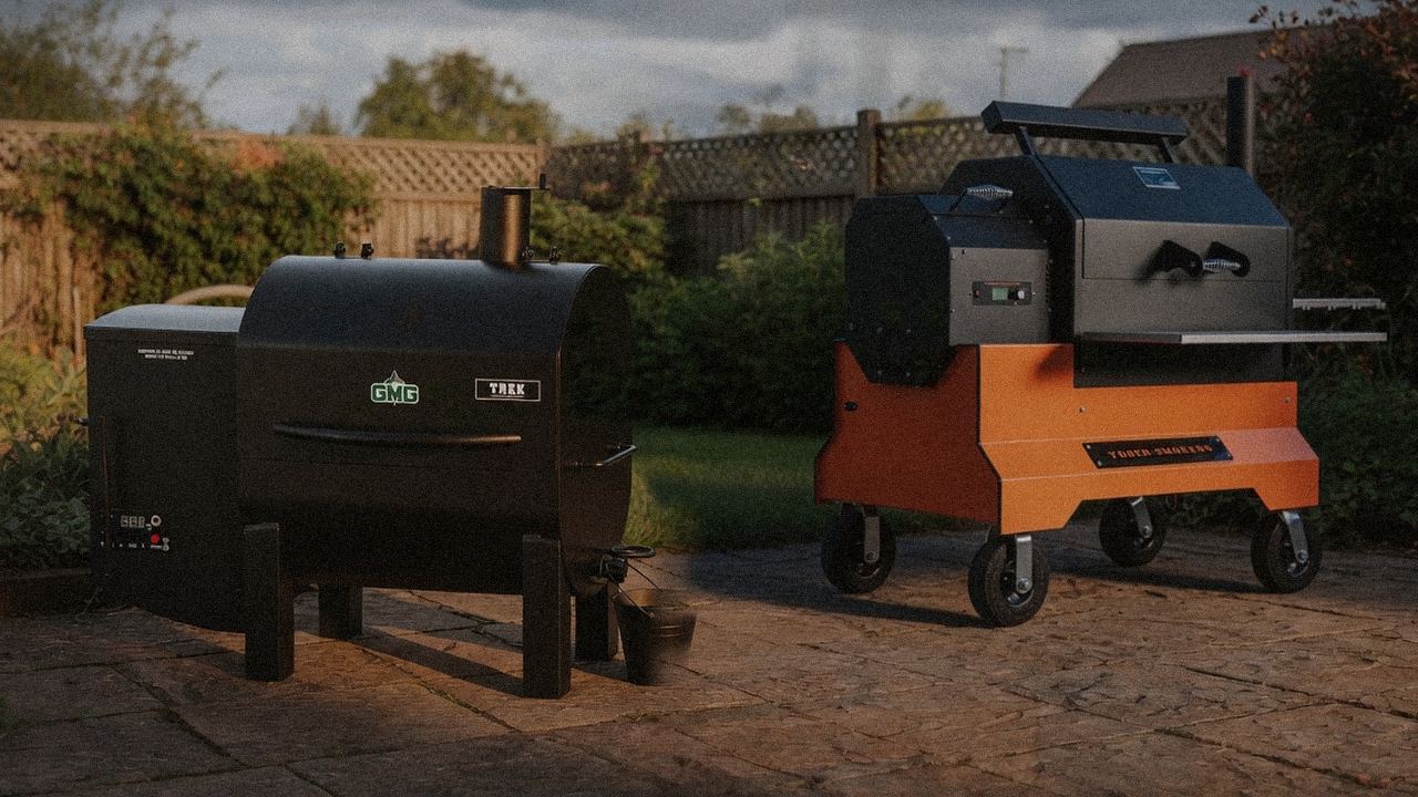 Green Mountain Grills Trek standing next to Yoder Smokers YS640s, showing the size and price-tier gap