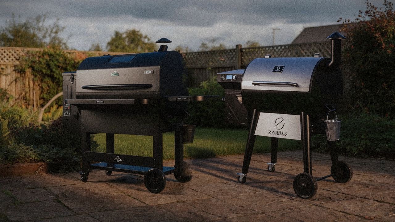 GMG Peak Prime 2.0 beside Z Grills 700 Series, official product photography on a dark steel panel