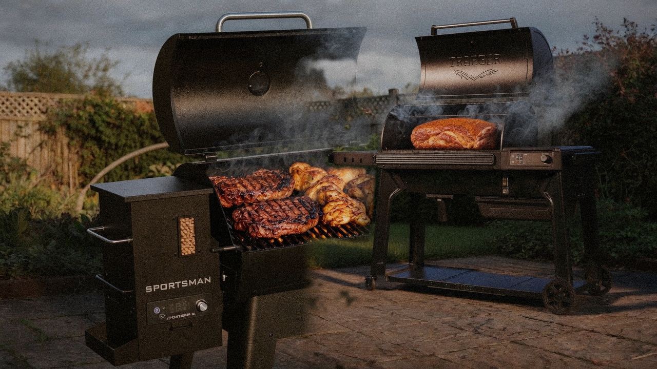 Pit Boss Navigator 850 cooking next to Traeger Ironwood, wood pellet grills on the same patio