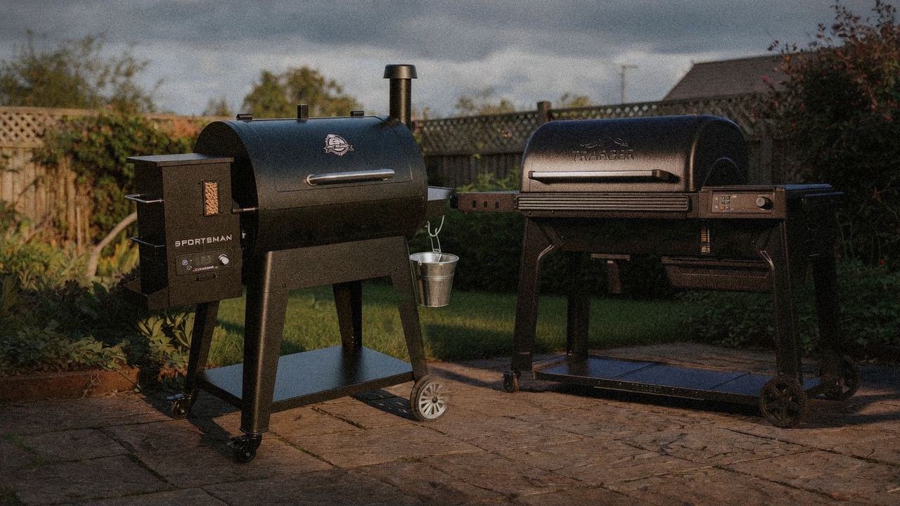 Pit Boss Navigator 850 beside Traeger Ironwood, editorial product photography