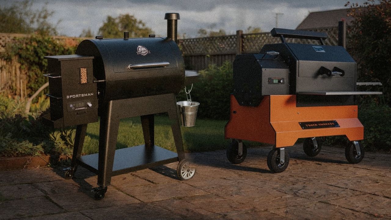 Pit Boss Navigator 850 standing next to Yoder Smokers YS640s, showing the size and price-tier gap