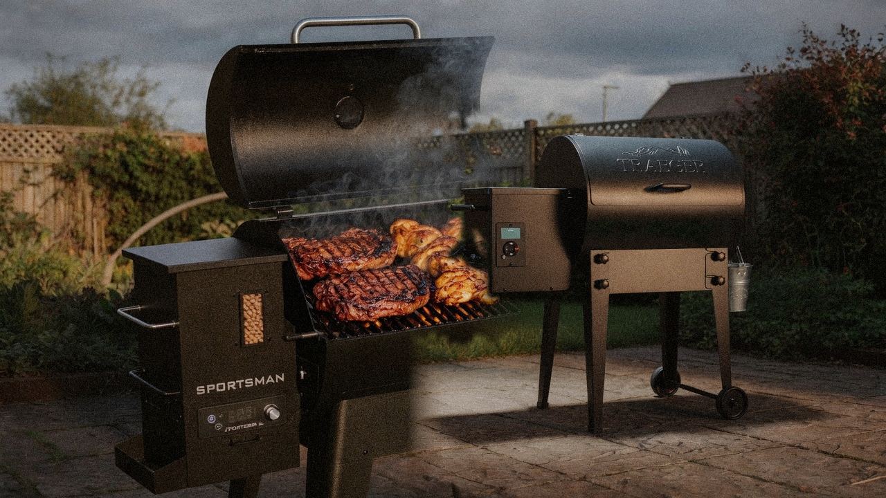 Pit Boss Sportsman cooking next to Traeger Tailgater 20, wood pellet grills on the same patio