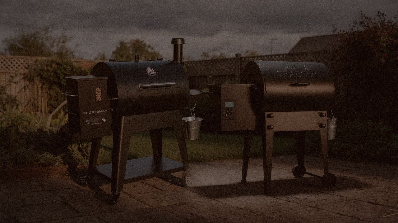 Pit Boss Sportsman and Traeger Tailgater 20 at night with smoke, wood pellet grills on a dark patio