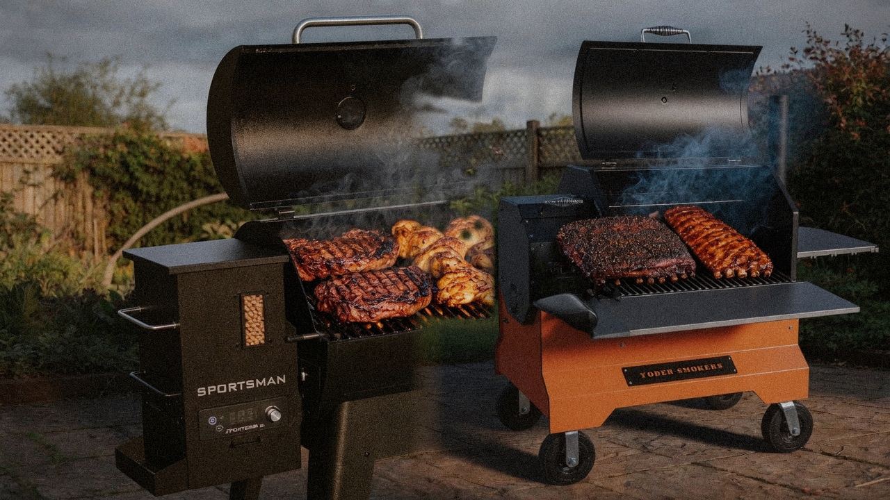 Pit Boss Sportsman beside Yoder YS640s, official product photography on a dark steel panel