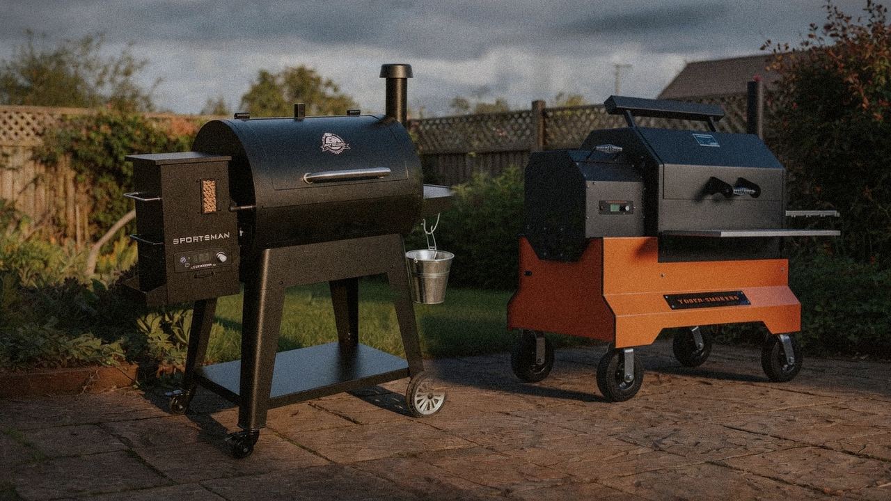 Pit Boss Sportsman beside Yoder YS640s, official product photography on a dark steel panel