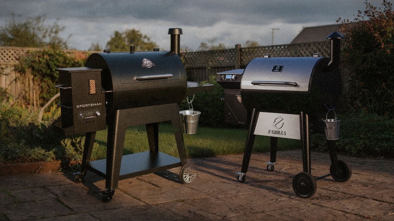 Pit Boss Sportsman beside Z Grills 700 Series, official product photography on a dark steel panel