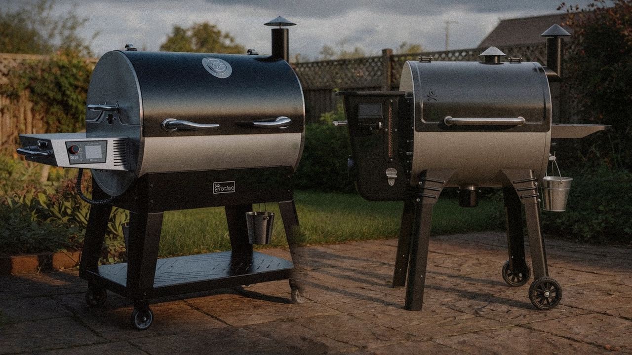 recteq Flagship 1600 standing next to Camp Chef Woodwind WiFi 24, showing the size and price-tier gap