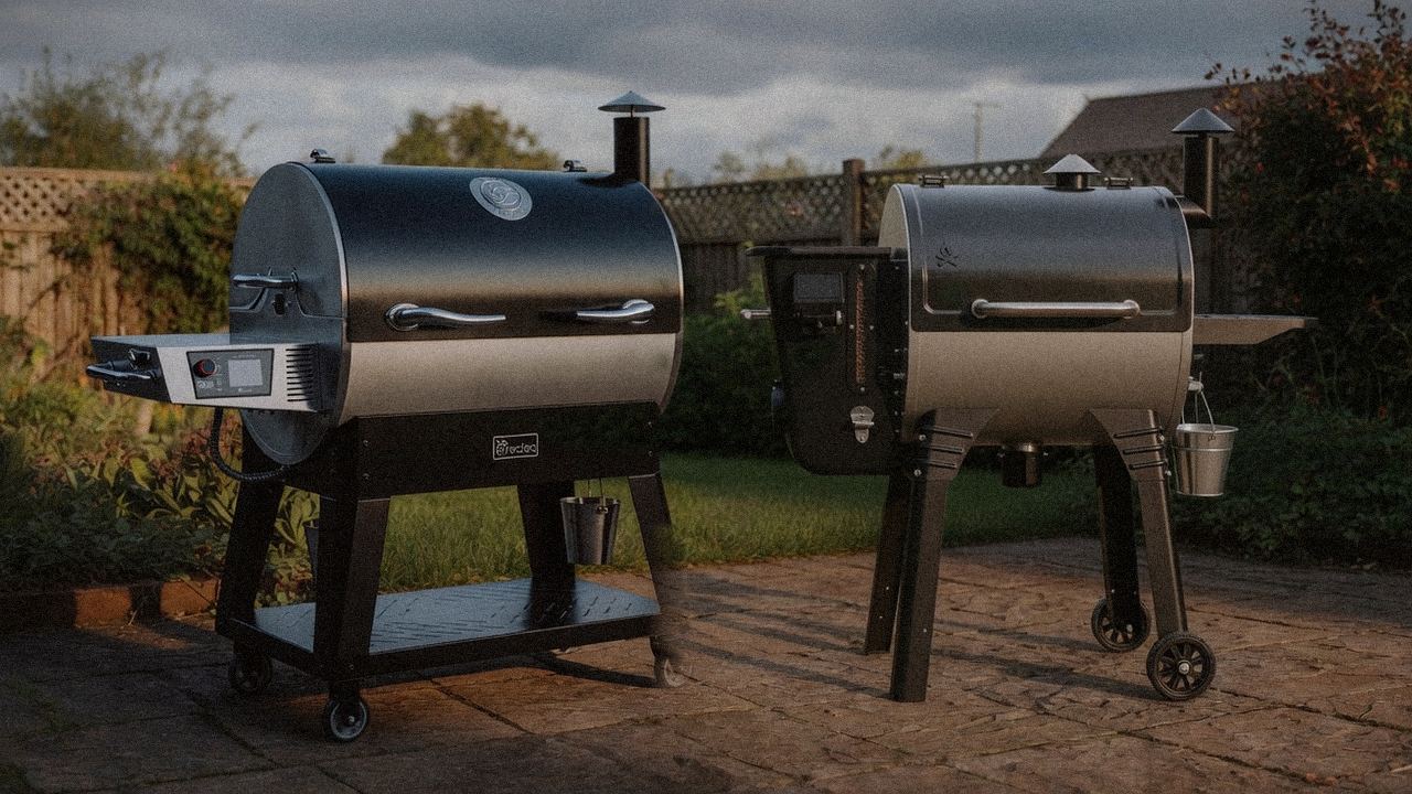recteq Flagship 1600 beside Camp Chef Woodwind Pro WiFi 24, editorial product photography