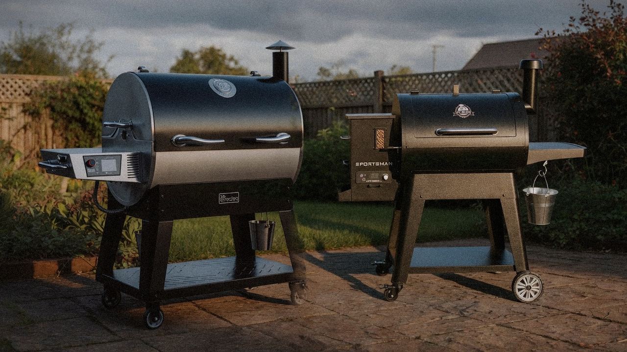 recteq Flagship 1600 beside Pit Boss Sportsman, editorial product photography