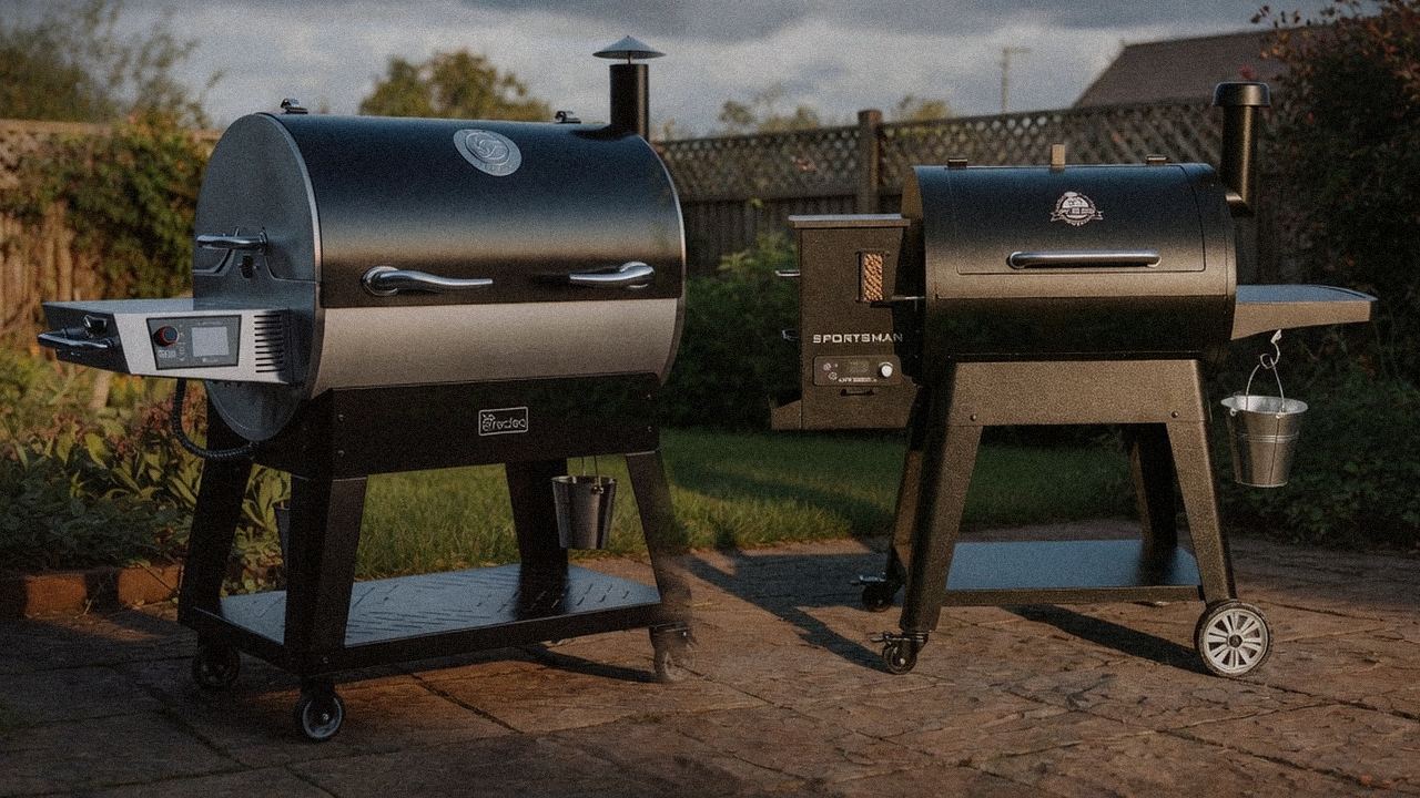 recteq Flagship 1600 standing next to Pit Boss Sportsman, showing the size and price-tier gap