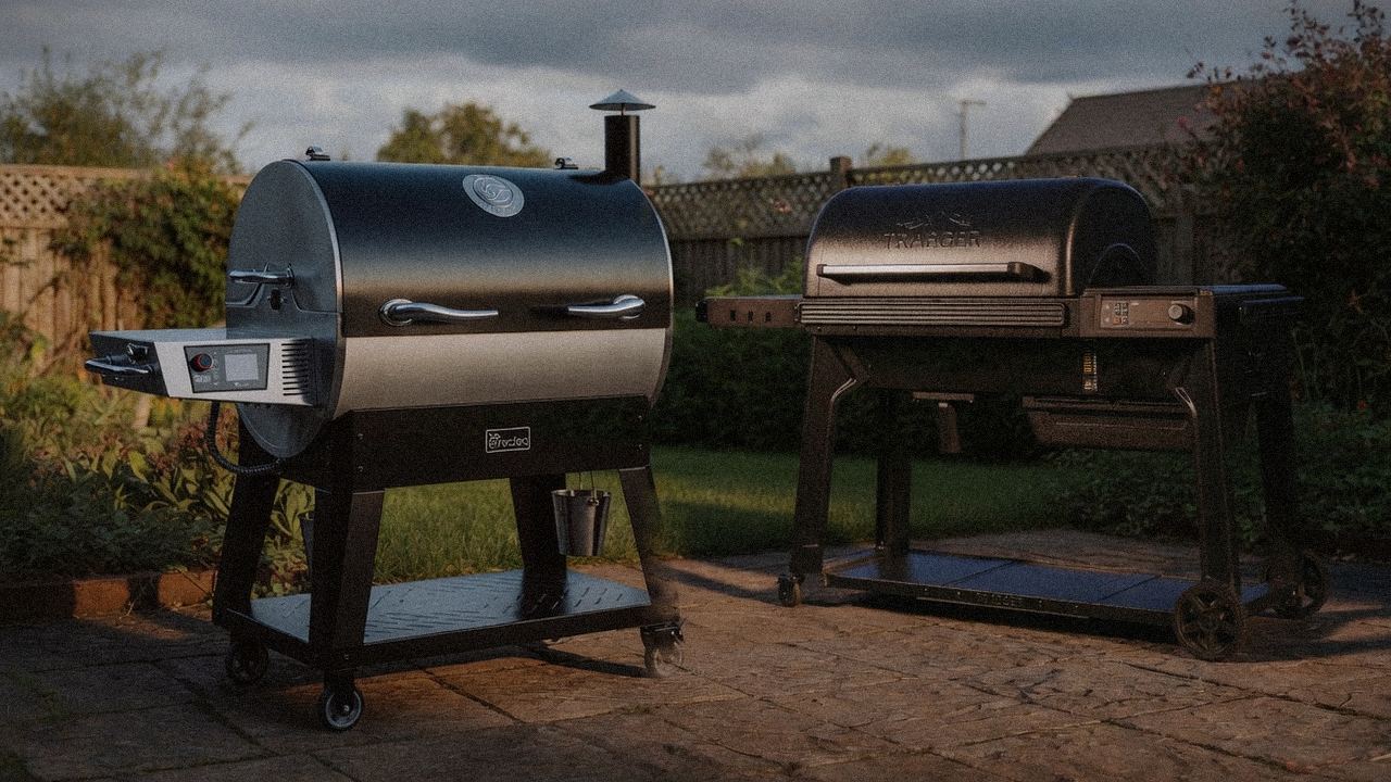 recteq Flagship 1600 beside Traeger Ironwood, editorial product photography