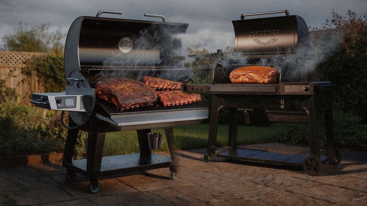 recteq Flagship 1600 cooking next to Traeger Woodridge Pro, wood pellet grills on the same patio