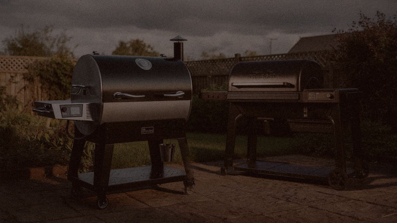 recteq Flagship 1600 beside Traeger Woodridge Pro, official product photography on a dark steel panel