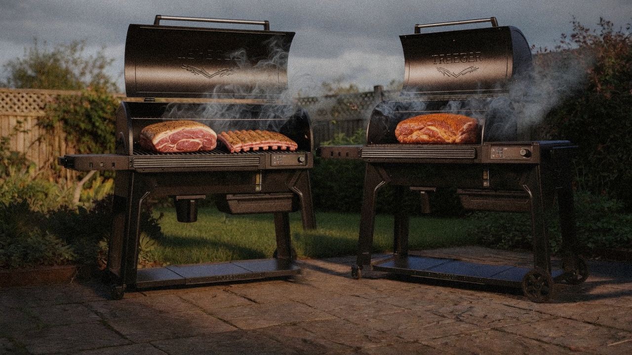 Traeger Ironwood cooking next to Traeger Pro 780, wood pellet grills on the same patio