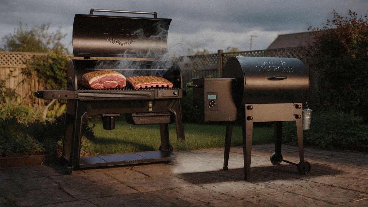Traeger Ironwood cooking next to Traeger Tailgater 20, wood pellet grills on the same patio