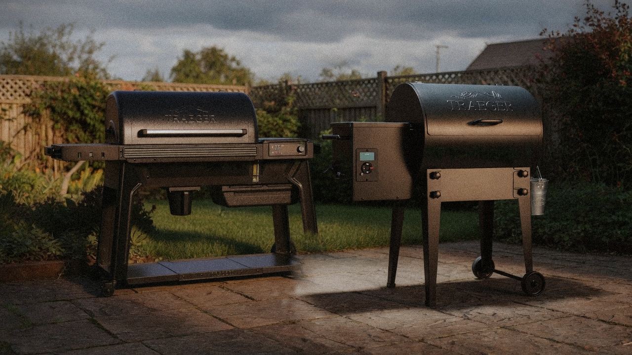 Traeger Ironwood beside Traeger Tailgater 20, editorial product photography